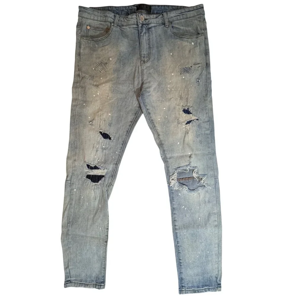 THRT Distressed Splatter Jeans Men 40x32 Lt Wash Ripped Distressed Grunge Street - Picture 11 of 16